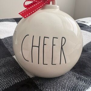 Rae Dunn Cream 'Cheer' Ornament with Red Ribbon